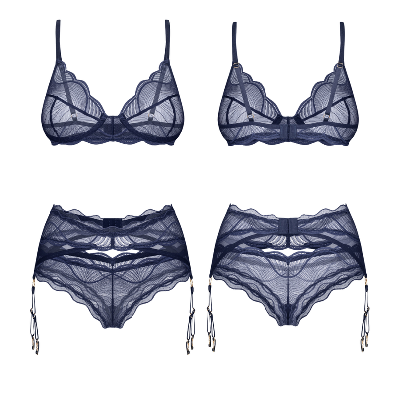 Front and back garment views of Nightly Blue underwired bra, garter belt and matching thong in navy lace
