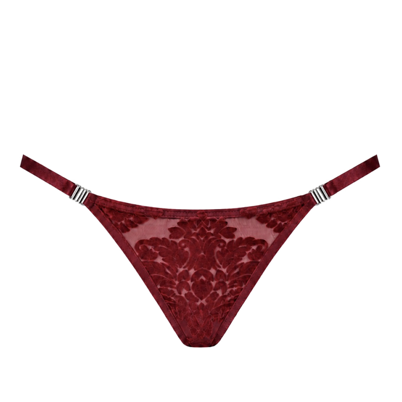 Noir Handmade F426 Masquerade burgundy thong, garment-only front view of floral flocked-tulle panel and silver-tone details