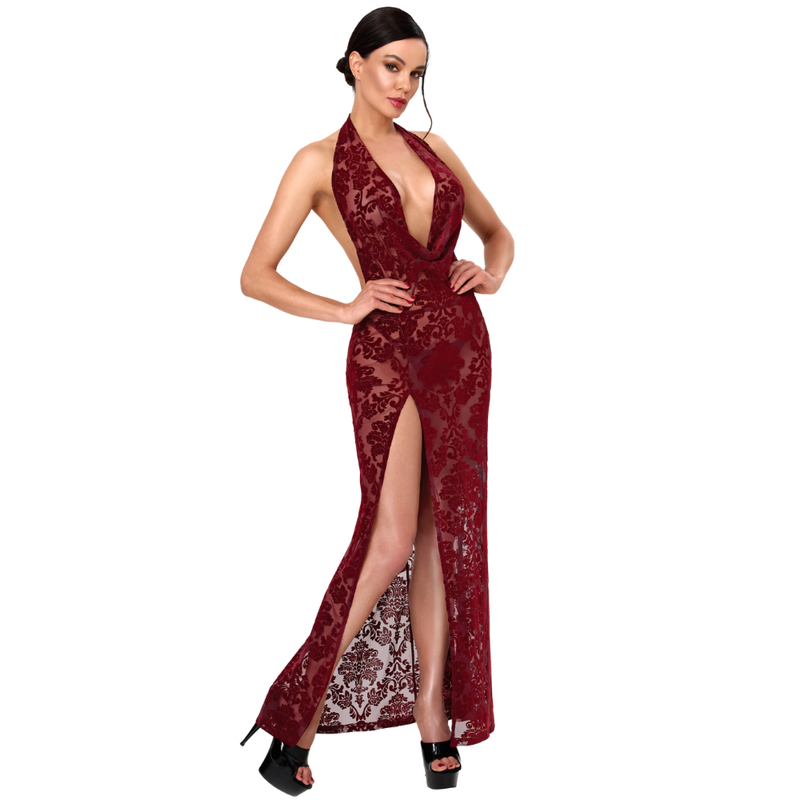 Noir Handmade F424 Masquerade burgundy sheer gown, model front view showing cowl neckline and high leg slit