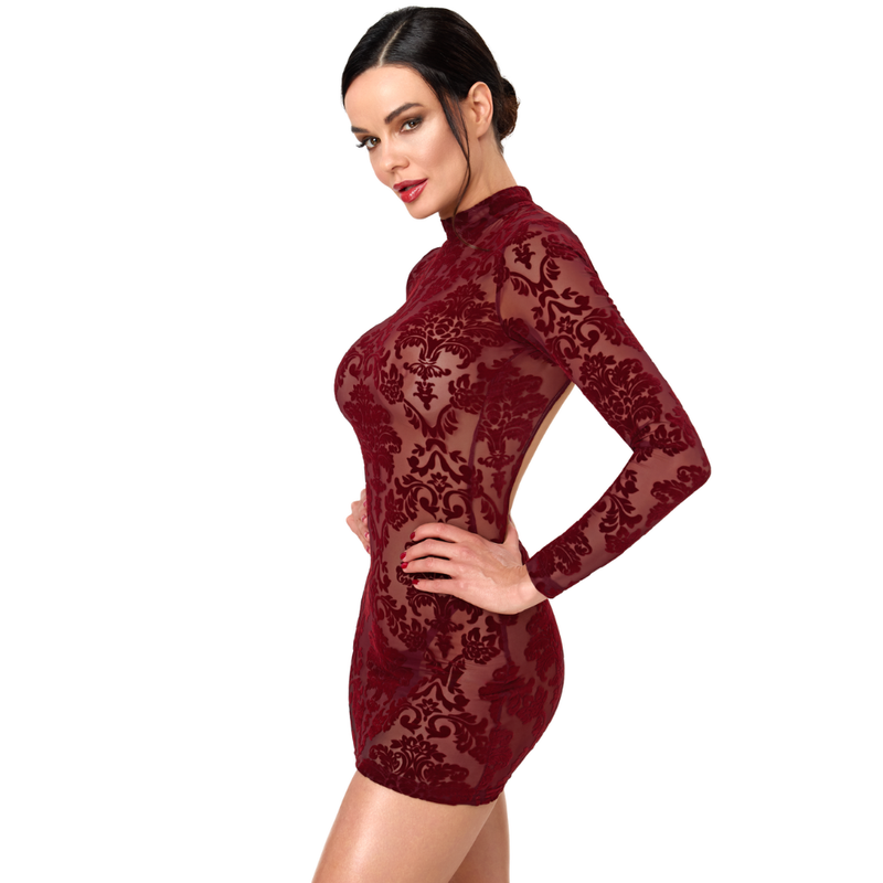 Noir Handmade F423 Masquerade burgundy open-back mini dress, model side view showing sheer long sleeve and open-back edge