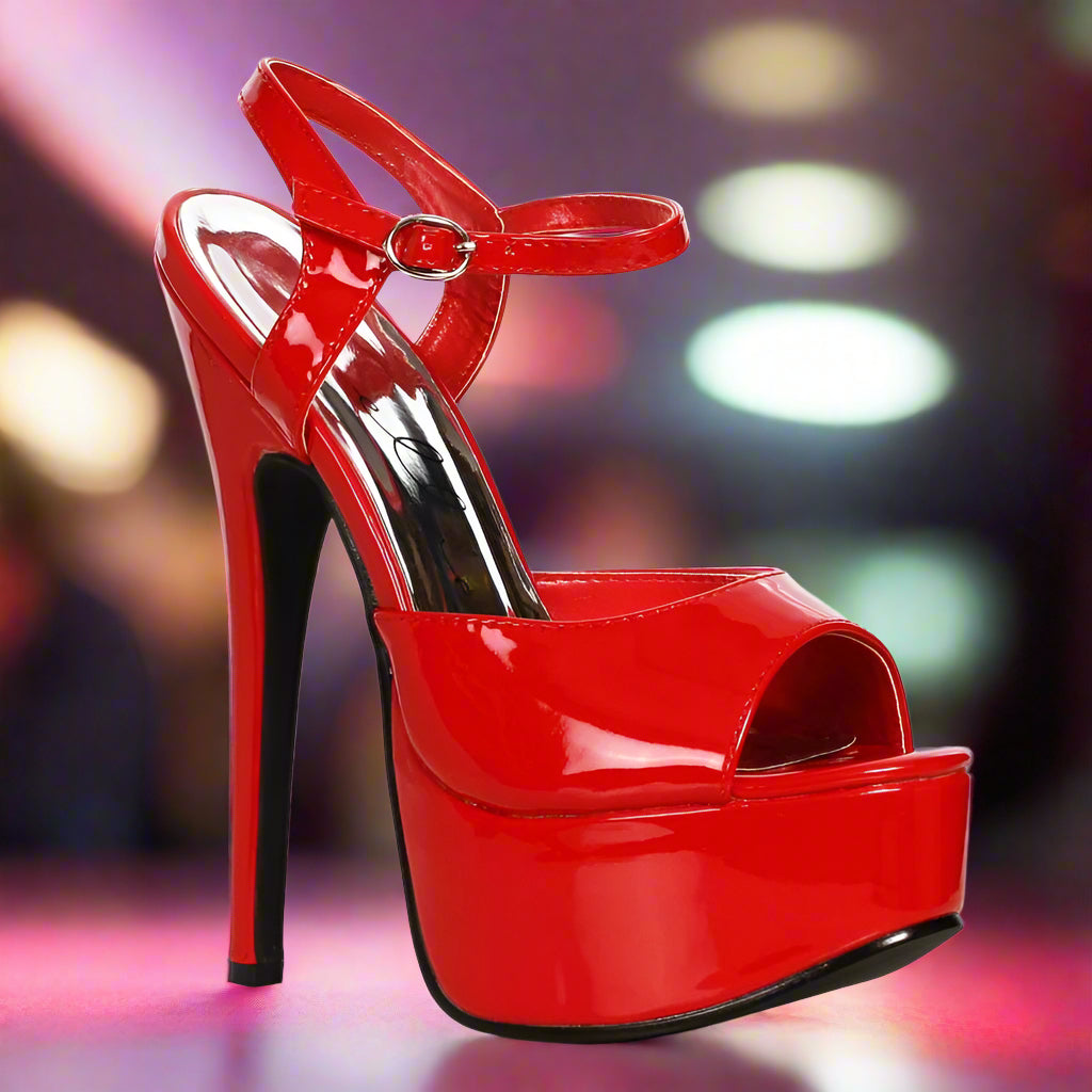 Ellie Shoes 6.5" Red Stiletto Platform Heels – Buckled, Open-Toe Lift