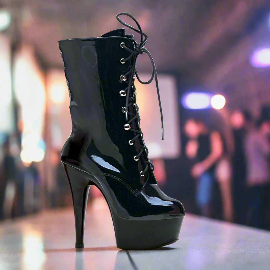 Ellie Shoes 6" Black Ankle Boots – Lace-Up Look, Inner Zip