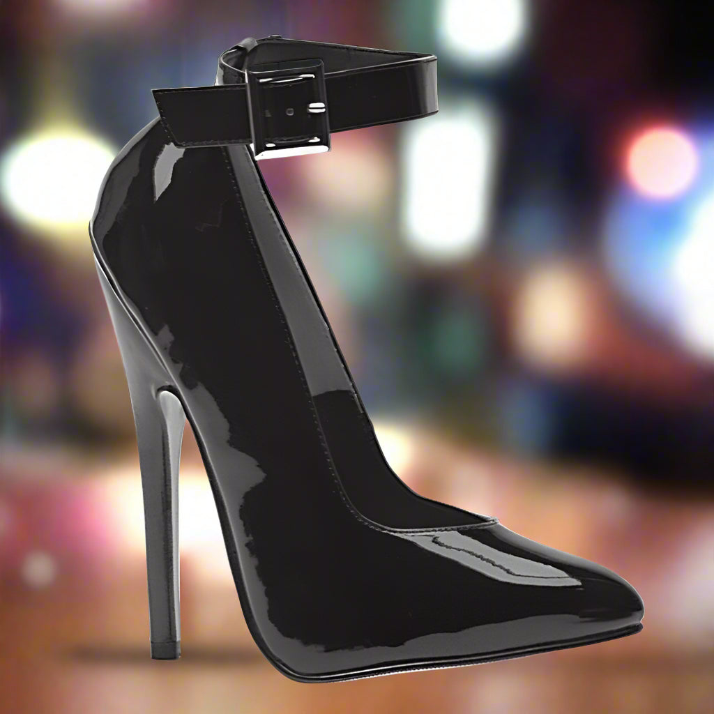 Ellie Shoes 6" Fetish Pump with Ankle Strap – Black Patent