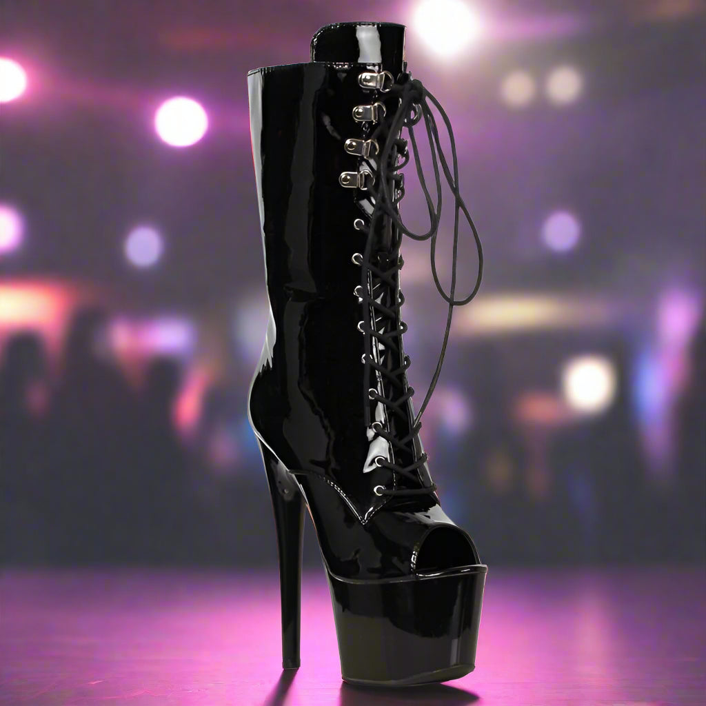 Ellie Shoes 7" Peep-Toe Ankle Boots – Black, Lace-Up, Walk-In Wow