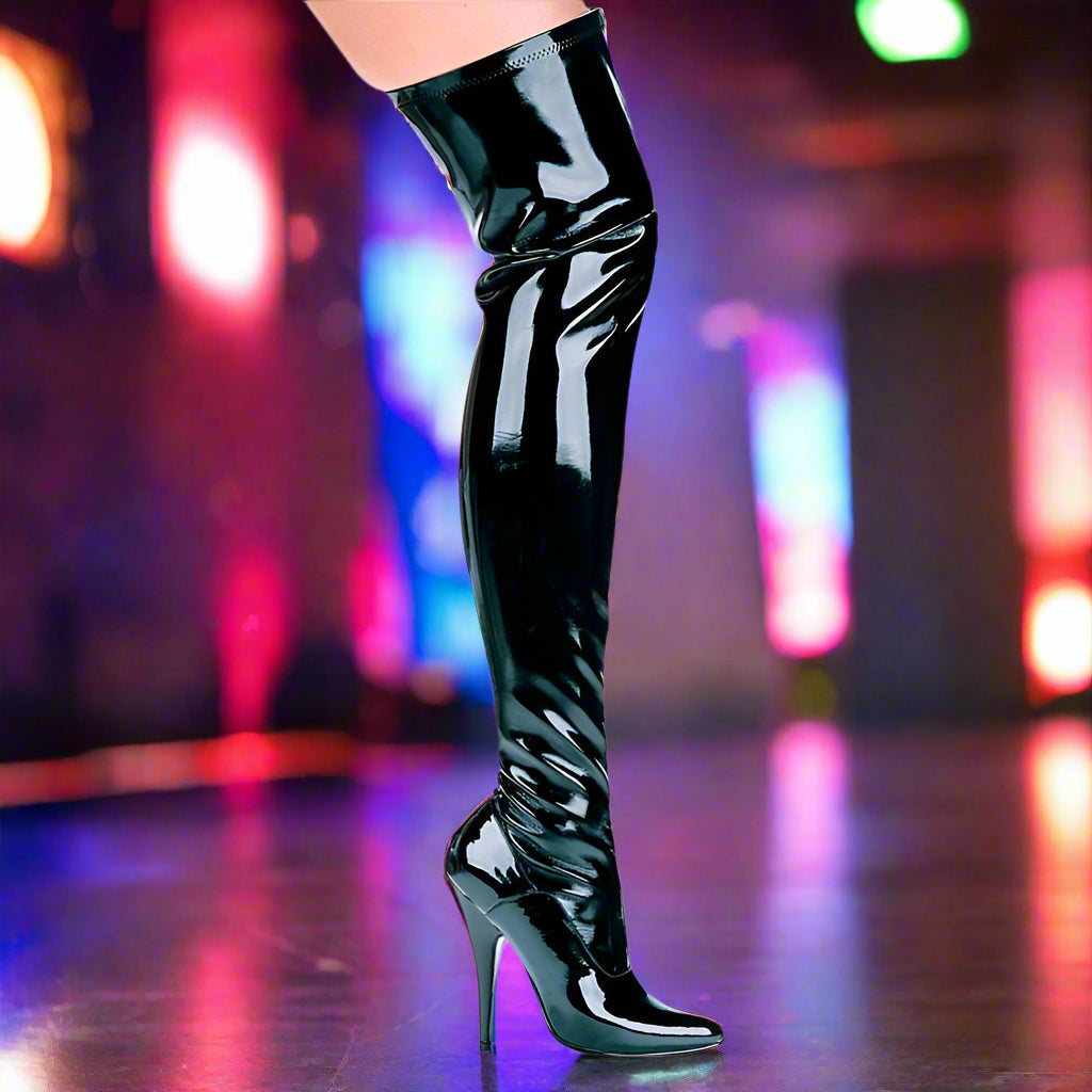 Ellie Shoes Thigh-High Stretch Boots – Black Shine, 5" Heel, Inner Zip