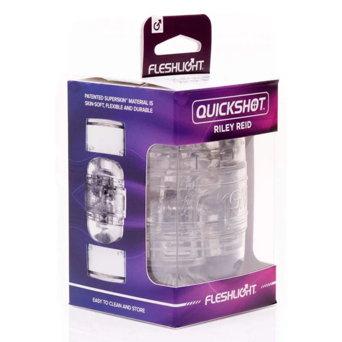 Fleshlight Quickshot Riley Reid in its purple retail box with clear case and end caps visible