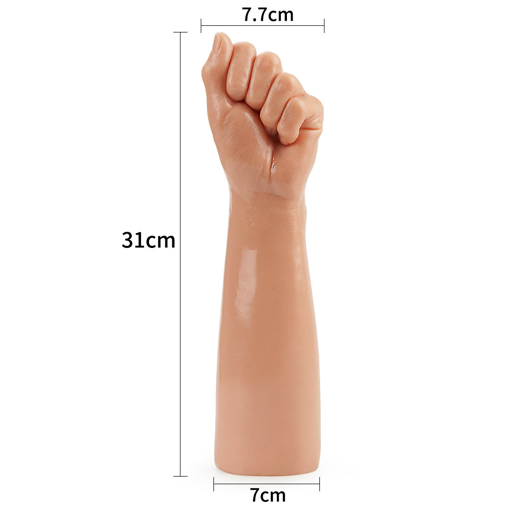 LoveToy fist dildo size diagram showing 31cm length, 7.7cm fist width and 7cm forearm-end width