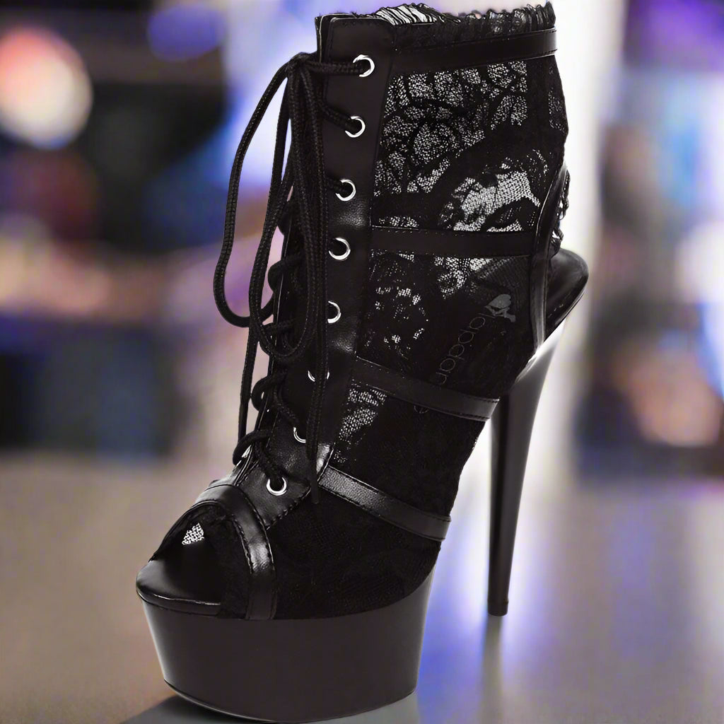 Lapdance 6" Black Lace Platform Ankle Bootie Heel – Open-Toe
