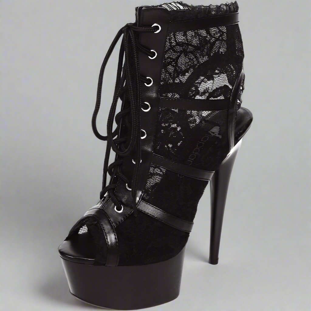 Lapdance 6" Black Lace Platform Ankle Bootie Heel – Open-Toe