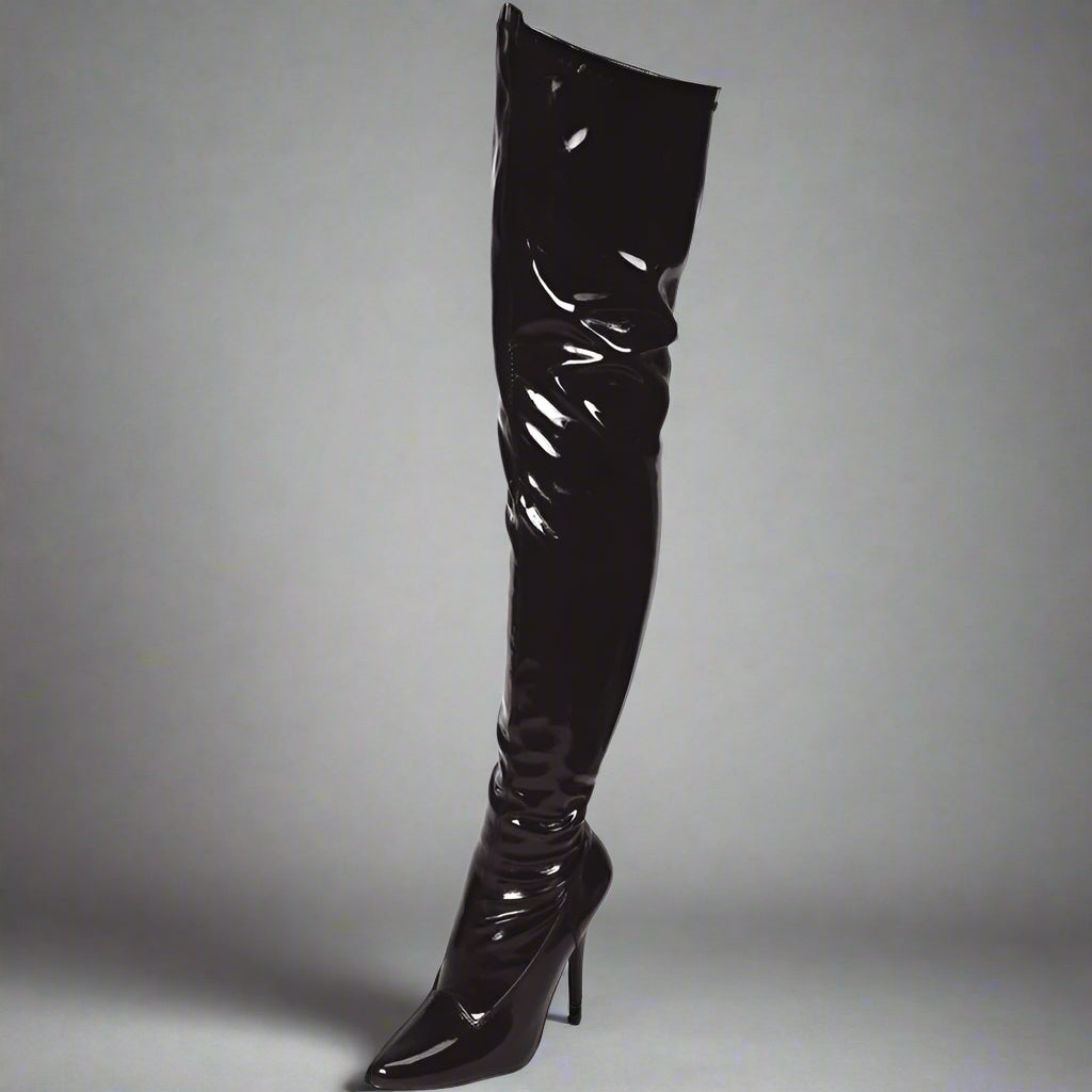 Lapdance Black Pointed-Toe Thigh-High Heel – Walkable 3" Shine