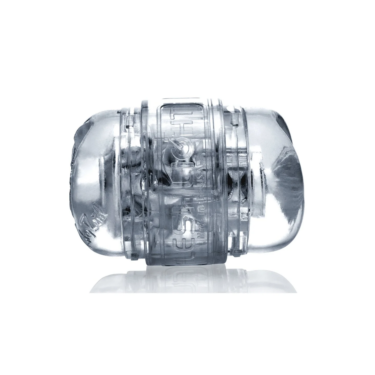 Side view of the clear Fleshlight Quickshot Riley Reid case with both storage caps fitted