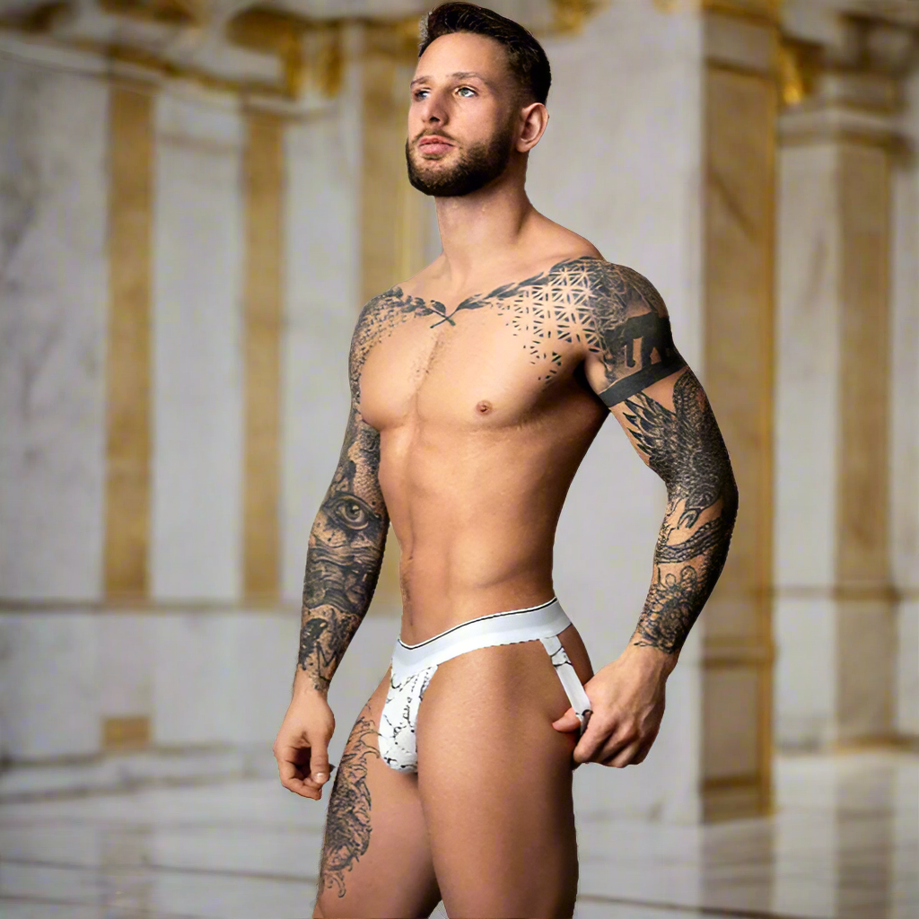 Male Power Marble Jock – White, Satin-Plush Lift