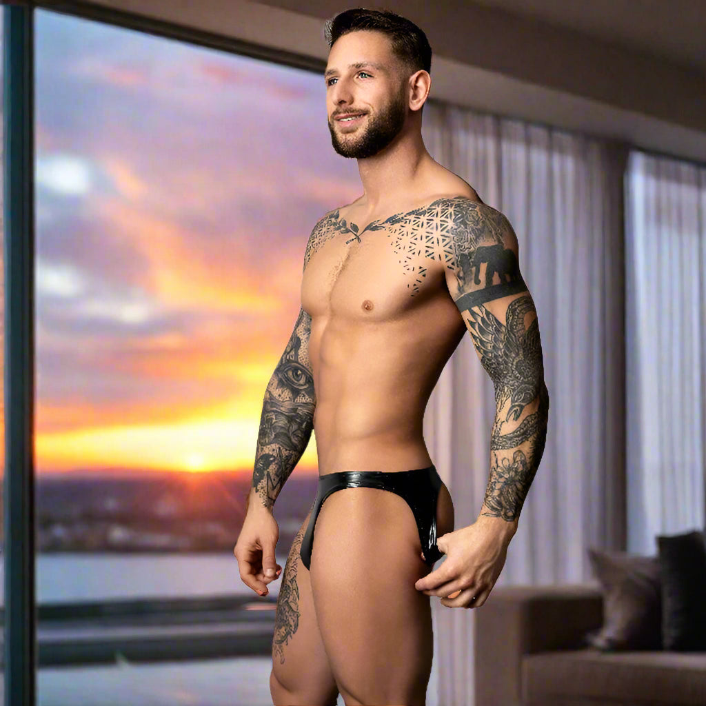 Male Power Moonshine Jock Strap – Black PVC Shine, Dominant Lift