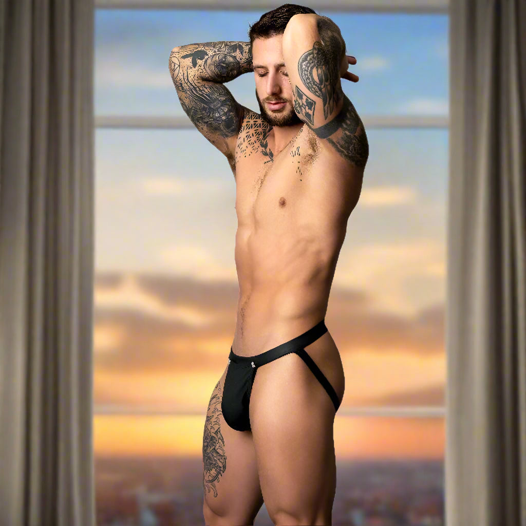 Male Power Snap-Off Jock (Black Satin) – Quick-Release Pouch