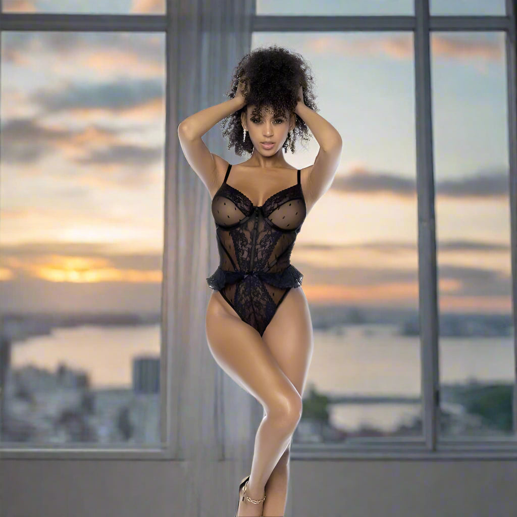 Mapale Black Snatched Lace-Ruffle Bodysuit – Underwire Lift