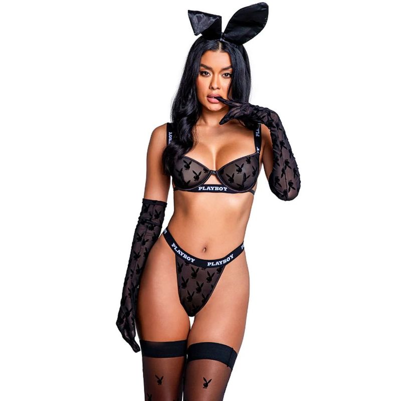 PlayBoy Noir Lingerie 2 Piece Set – Black Flocked Bunny Elegance