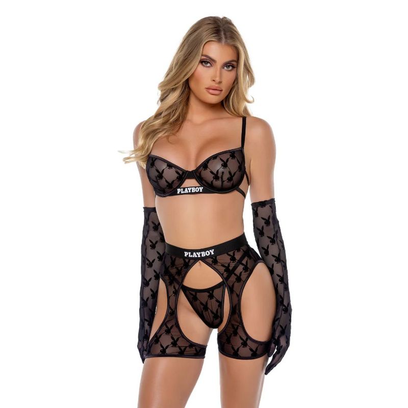 Playboy Flocked Bunny 3‑Piece Set – Seduction with a Signature Twist