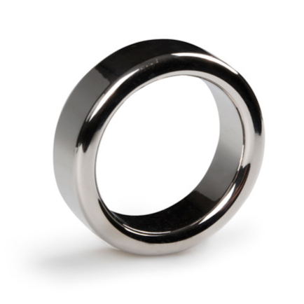 Angled view of the Heavy Metal Series 38mm cock ring with a polished silver finish