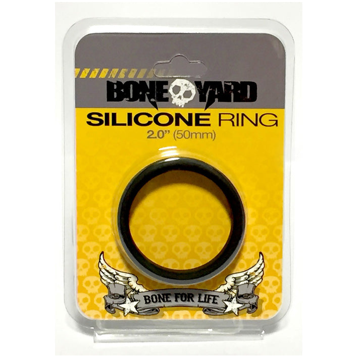 Boneyard 50mm black silicone cock ring in a clear retail clamshell with yellow and grey card