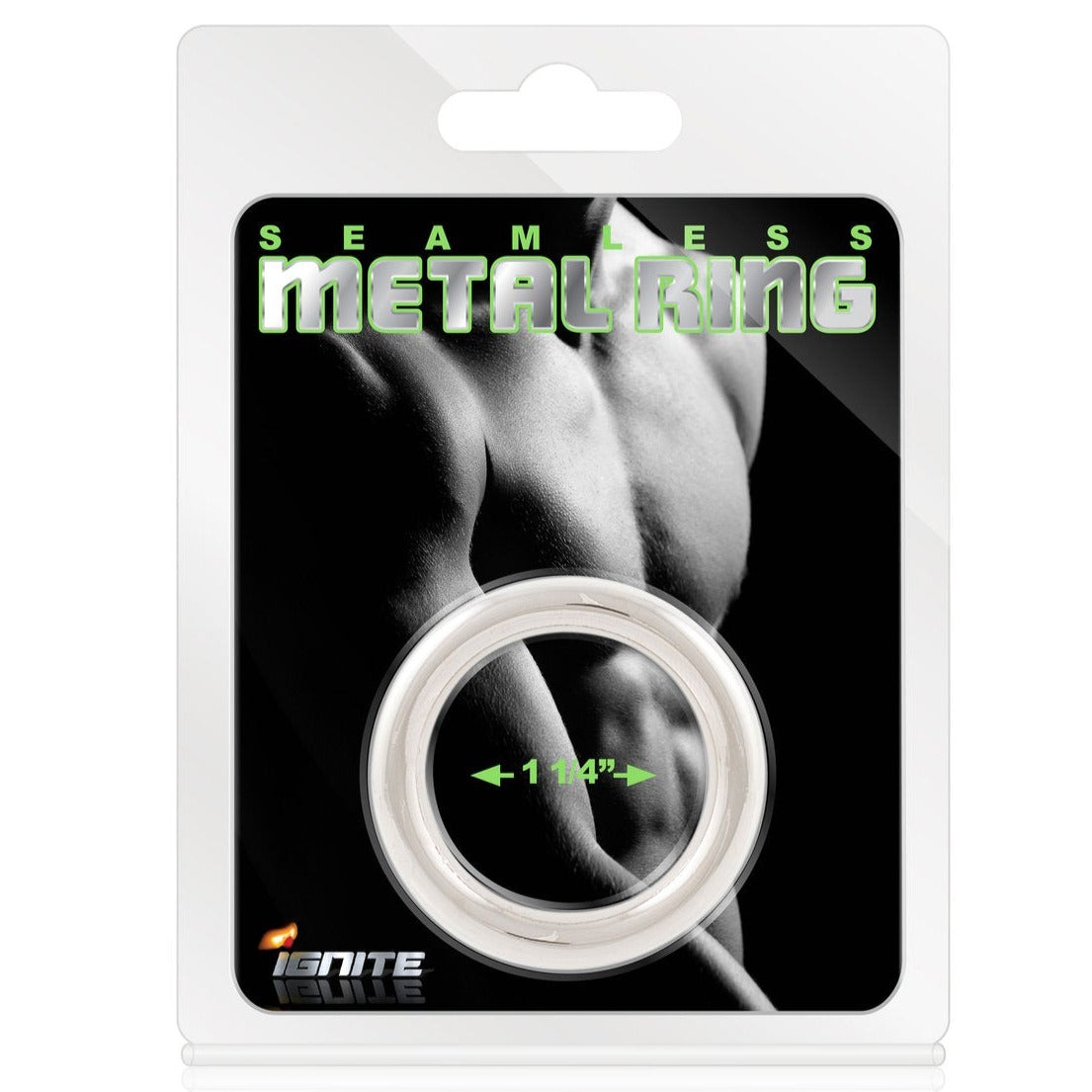 Ignite Seamless Metal Cock Ring 32mm, rounded silver-coloured ring in retail packaging