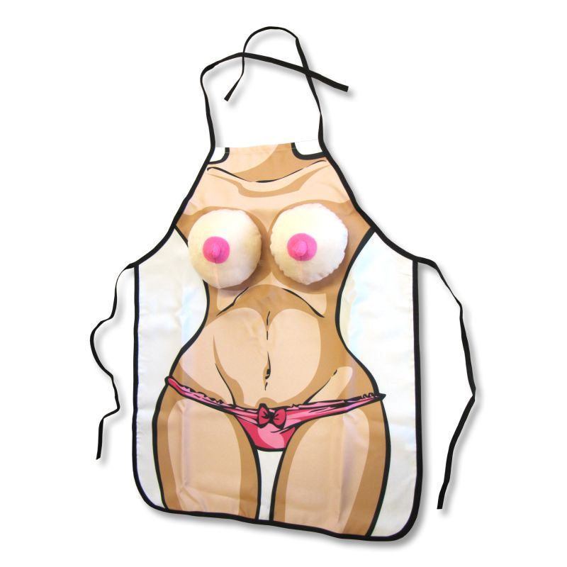 Giant Boobie Apron with a cartoon body print, padded boobie details, pink printed underwear and black ties