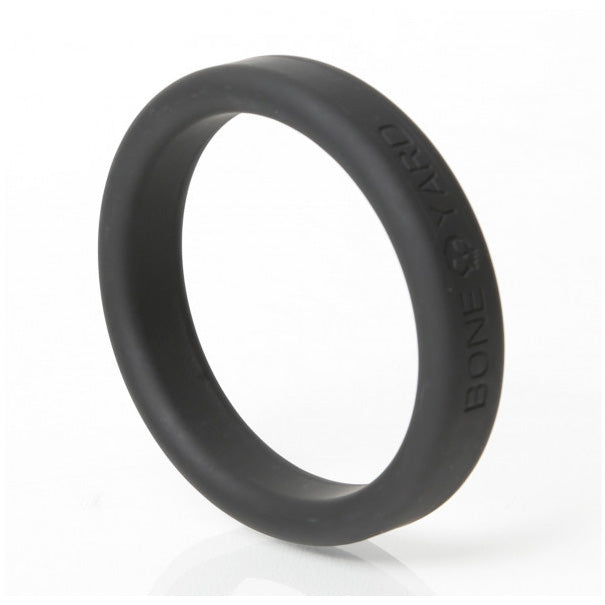 Angled view of the Boneyard 50mm black silicone cock ring with rounded edges