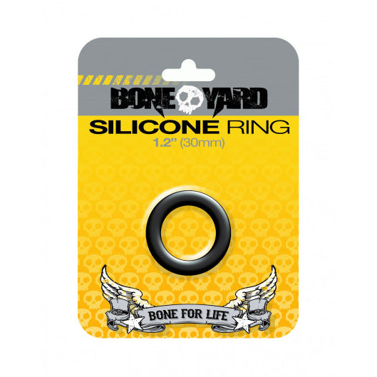 Boneyard Silicone Cock Ring 30mm Black in its yellow and grey retail packaging