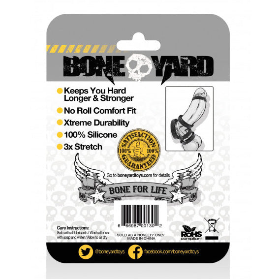 Back of Boneyard Silicone Cock Ring 30mm packaging showing silicone and 3X stretch features