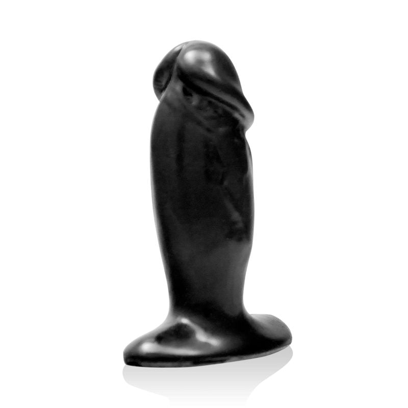 Black SI Novelties Small Cock Plug showing its realistic head, lightly detailed shaft, narrow neck and flared base
