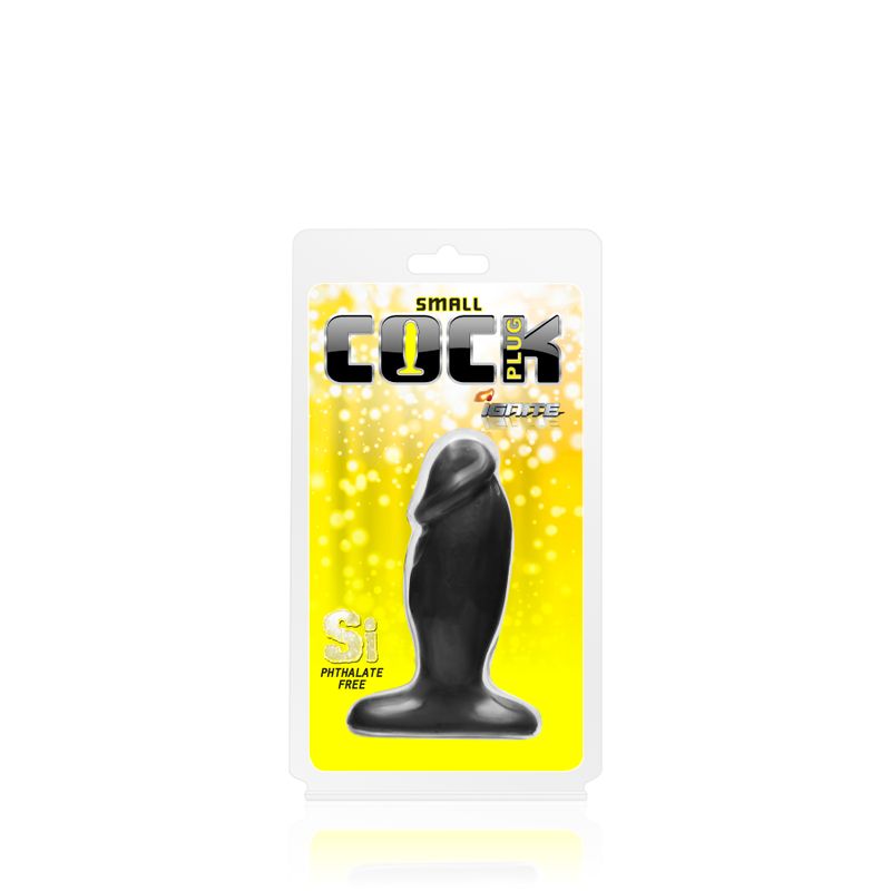 SI Novelties Ignite Small Cock Plug in its yellow retail packaging, showing the black plug and phthalate-free label
