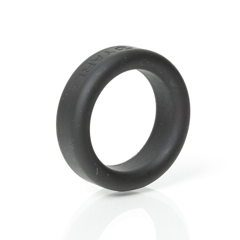 Boneyard 30mm black silicone cock ring, upright angled view of the branded outer band