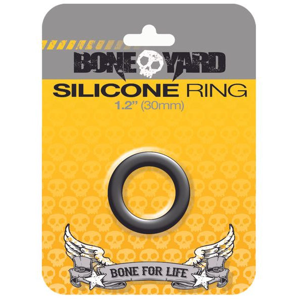 Boneyard 30mm black silicone cock ring, front packaging example labelled 30mm