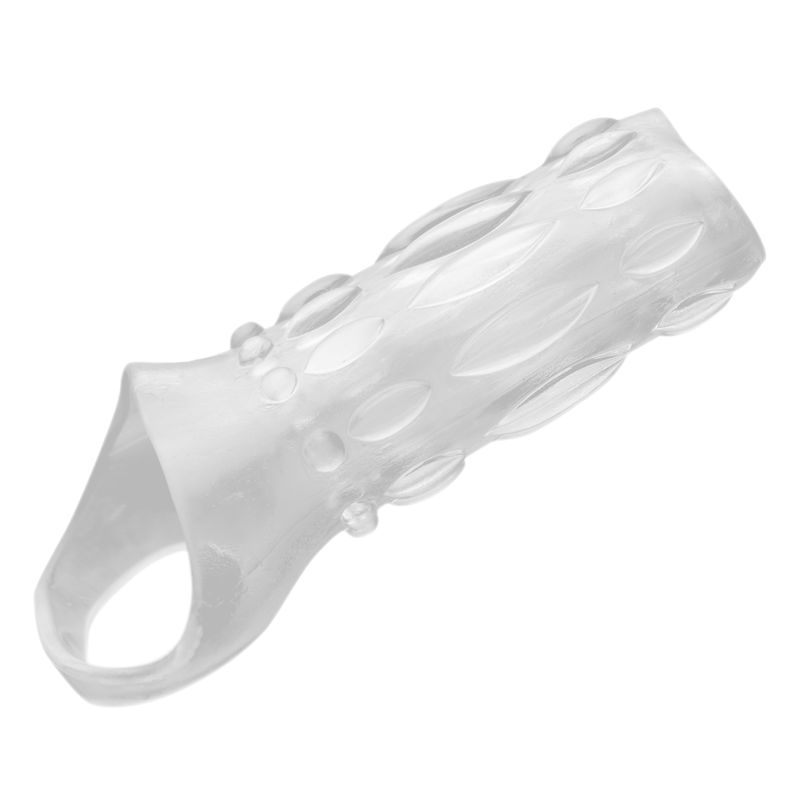 Size Matters Sensations penis sleeve in Clear showing raised texture and ball strap
