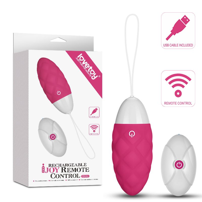Lovetoy iJoy pink textured egg vibrator with white remote, retrieval loop and retail packaging