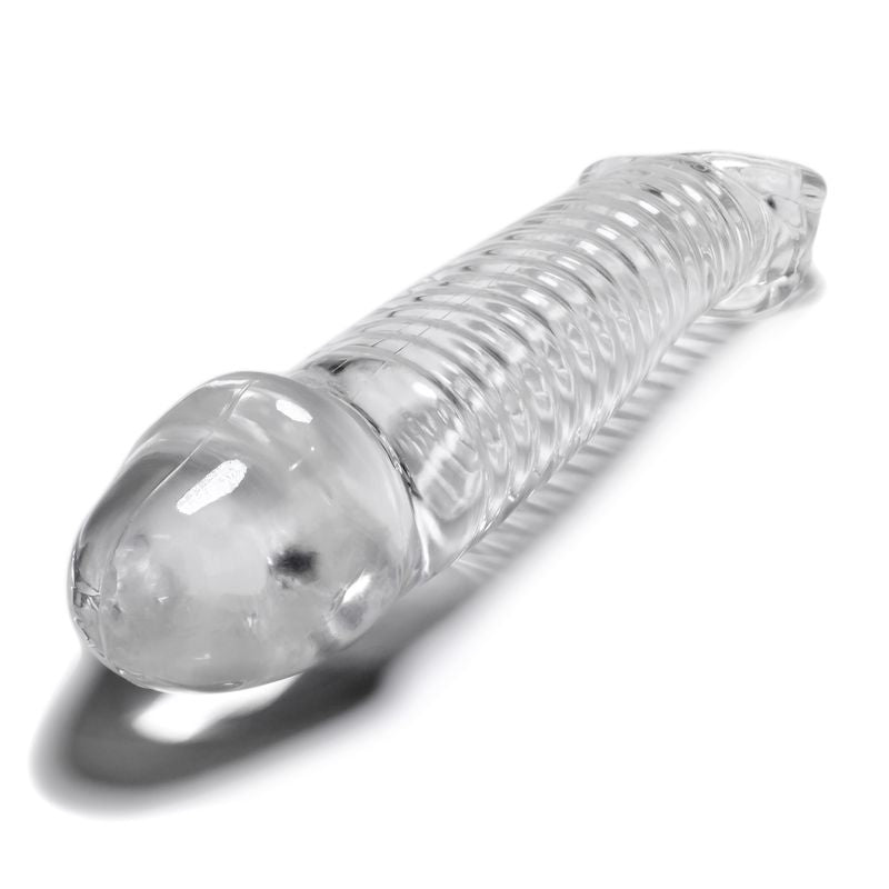 OxBalls Muscle Clear Penis Sleeve angled view of the defined head and inner chamber