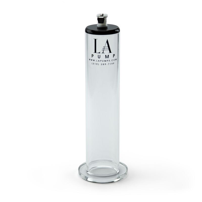 LA Pump clear acrylic penis cylinder with a flared base, black top and quick-disconnect fitting on a white background