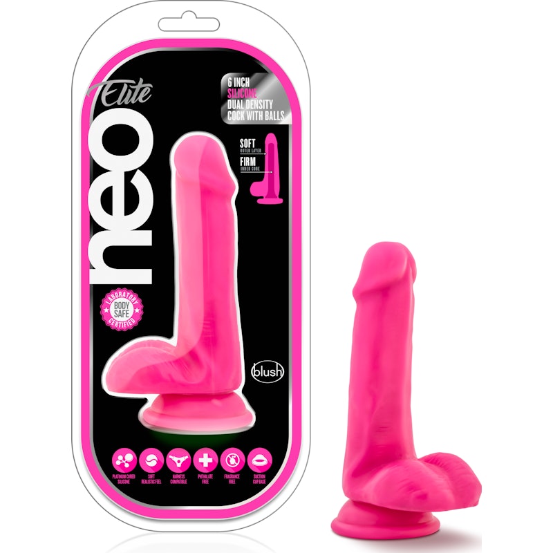 Neo Elite 6in Silicone Dual Density Cock with Balls Neon Pink Pink