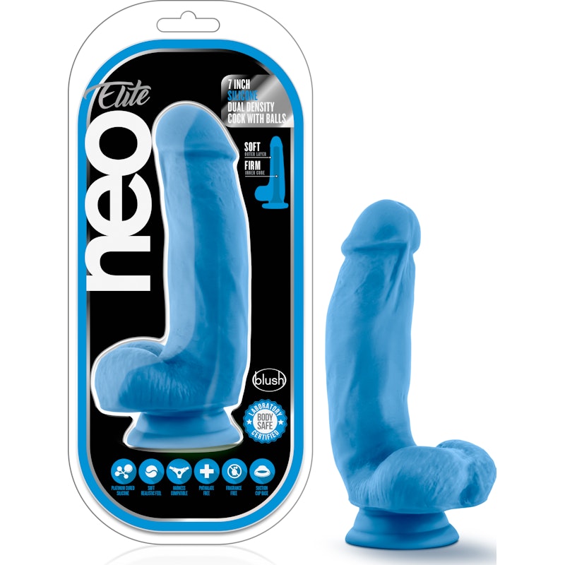 Neo Elite 7in Silicone Dual Density Cock with Balls Neon Blue Blue