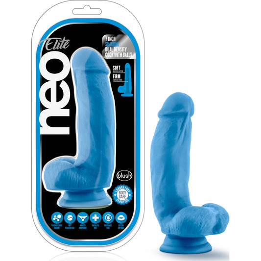 Neo Elite 7in Silicone Dual Density Cock with Balls Neon Blue Blue