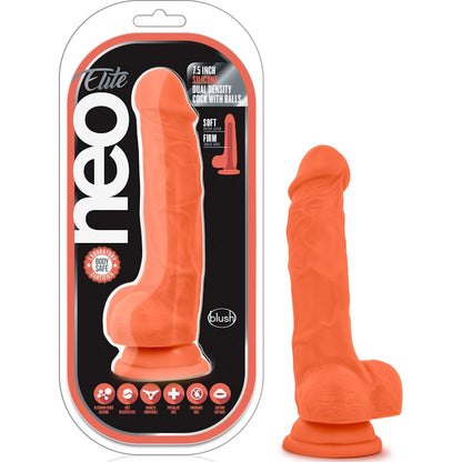 Neo Elite 7.5in Silicone Dual Density Cock with Balls Neon Orange Orange