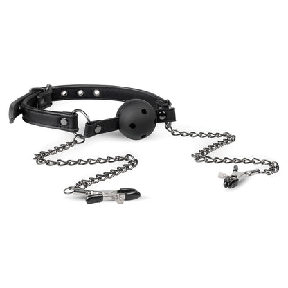 Open Ball Gag With Nipple Clamps Black