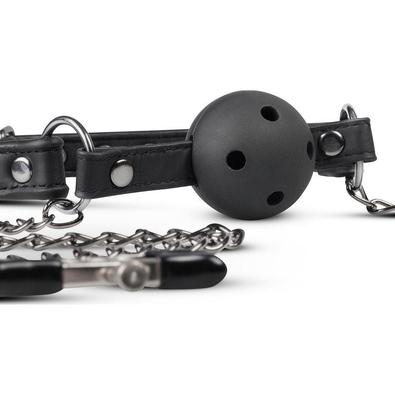 Open Ball Gag With Nipple Clamps Black