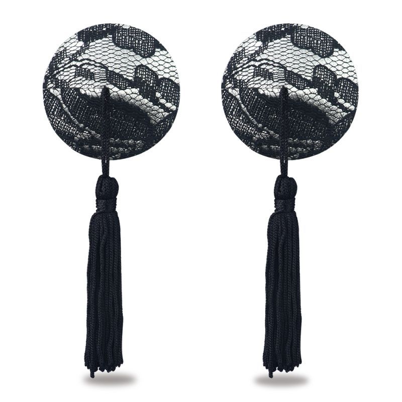 Reusable Black Lace Round Tassel Nipple Pasties Black