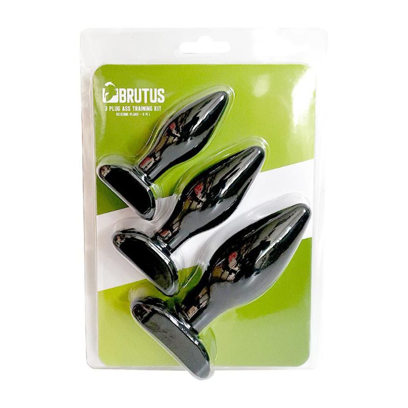 Brutus three-piece anal training kit in its retail clamshell, showing three black silicone plugs