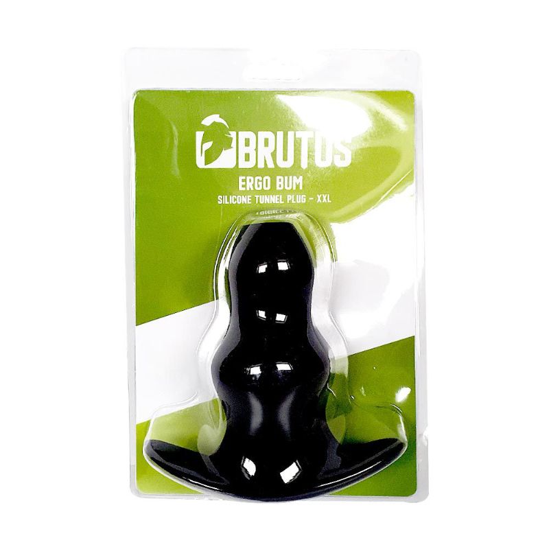 Brutus Ergo Bum XXL black silicone tunnel plug in its green and white retail packaging