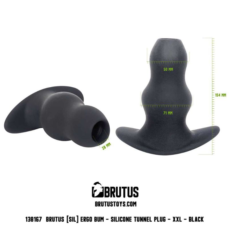 Brutus Ergo Bum XXL manufacturer diagram showing 15.4cm total length, 5cm and 7.1cm section diameters, and a 2.8cm tunnel opening