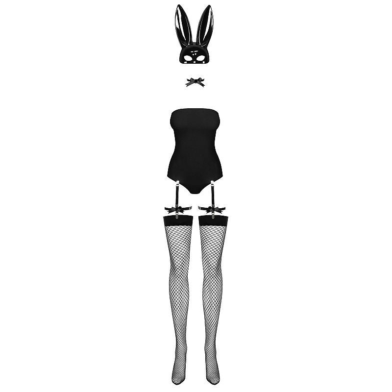 Obsessive Bunny costume pieces laid out: teddy, mask with ears, choker, suspenders and stockings