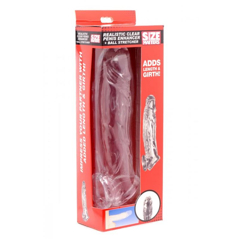 Size Matters realistic clear penis enhancer and ball stretcher in retail packaging