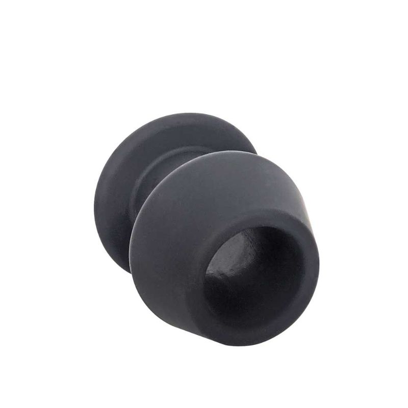 Angled view through the hollow centre of the Brutus Gobbler Medium black silicone tunnel plug
