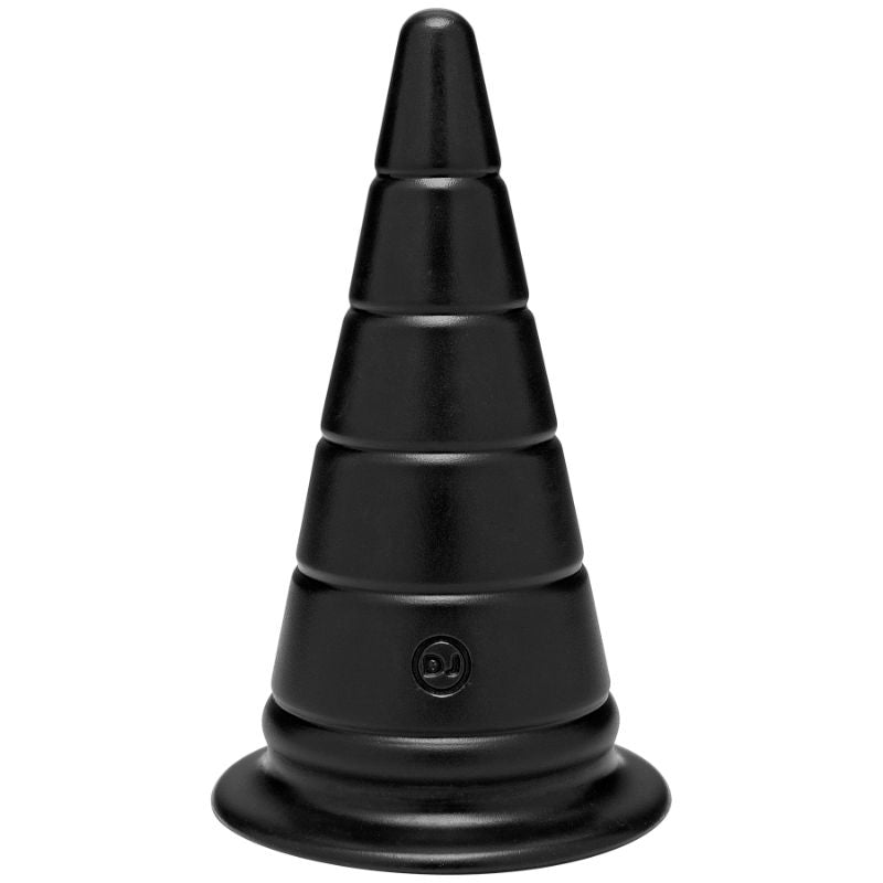 TitanMen Anal Stretcher black plug showing the tapered ridged body and broad flared base